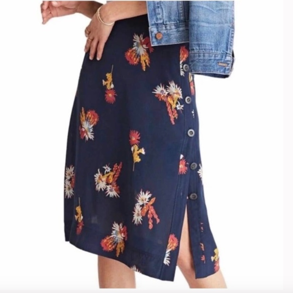 Madewell Navy Silk Cactus Flower Coastal Cowgirl Preppy Midi Skirt NWT - Picture 2 of 10